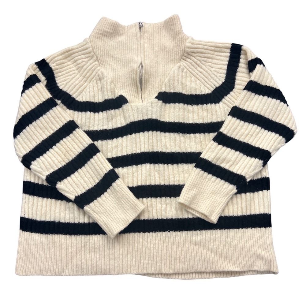 Love Change Italy Quarter Zip Sweater Womens XL Cream Black Striped Ribbed